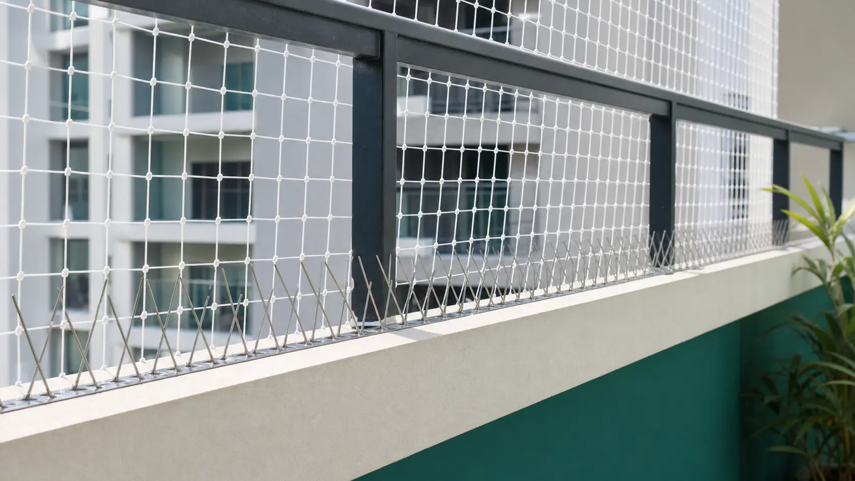 Bird spike row installed neatly along a balcony ledge