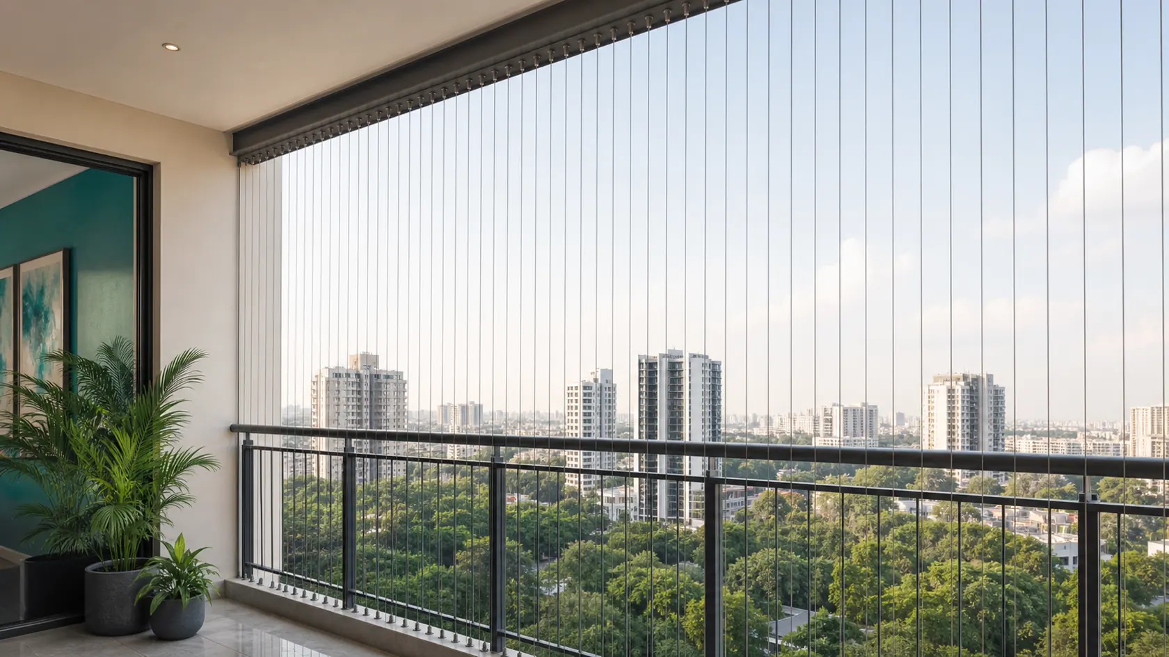 Invisible grill cables across a modern balcony view