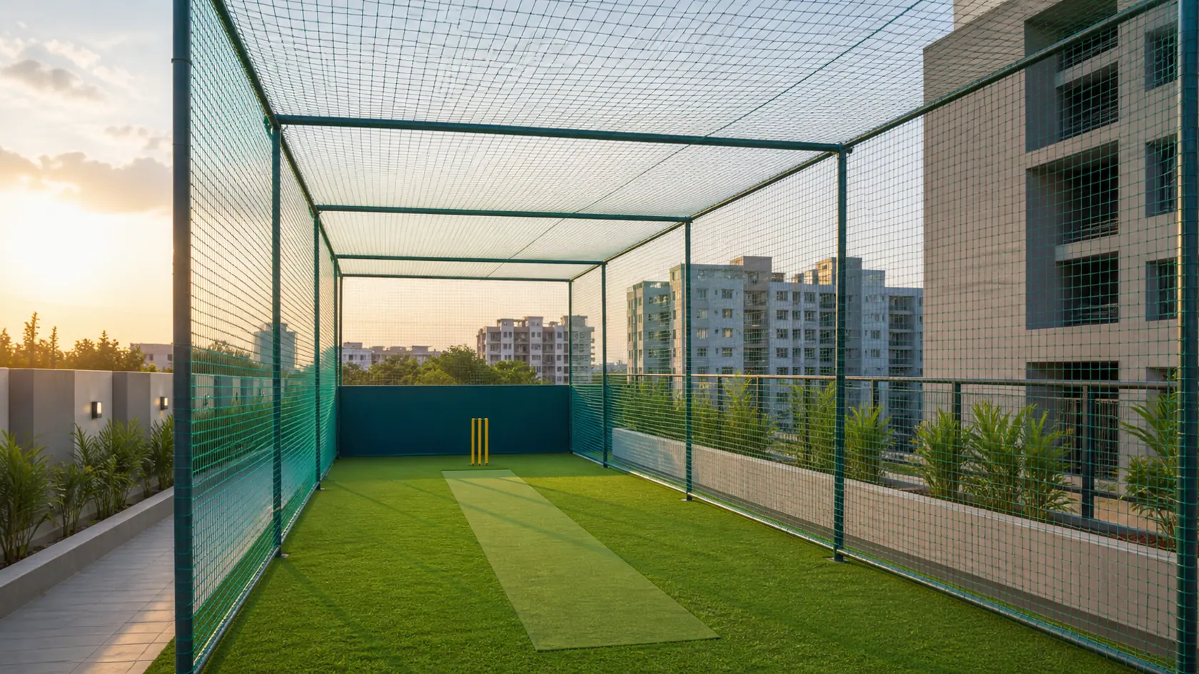 Sports net fitted around a rooftop cricket practice area