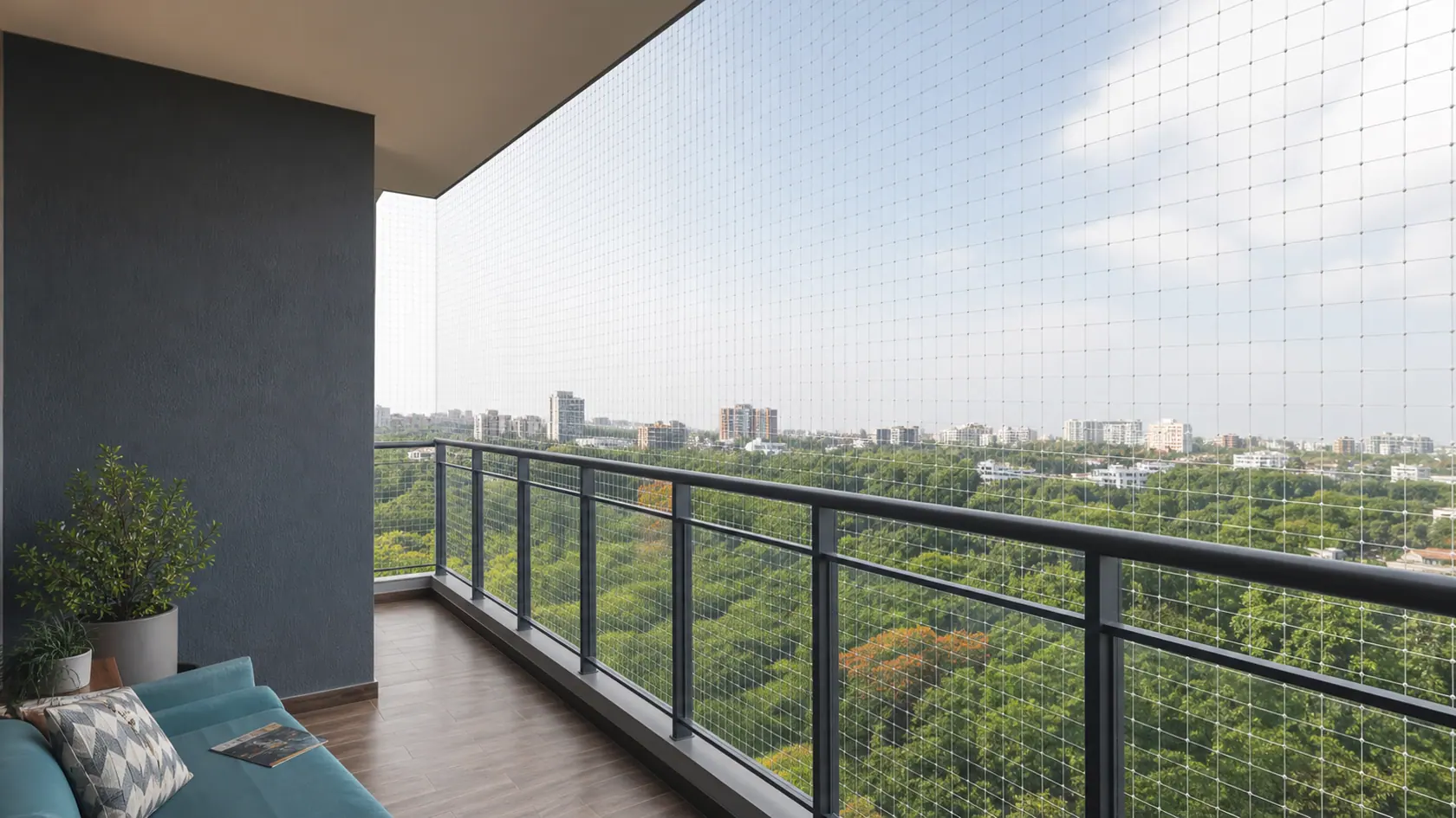 Terrace safety net fitted around an open balcony edge